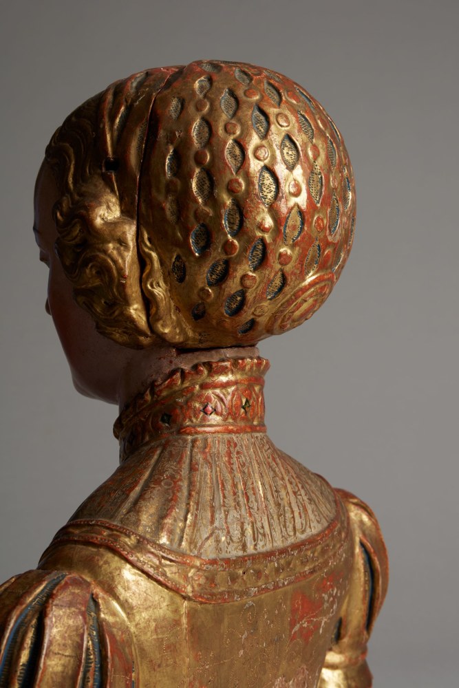 Reliquary bust with a hair net, c. 1520-40
Southern Netherlands or Belgium
Polychromed wood, some minor losses to polychrome, consolidated expansion crack on the back and consolidation of minor crack on the hair net
18 1/2 x 16 1/8 x 7 7/8 inches
(47 x 41 x 20 cm)