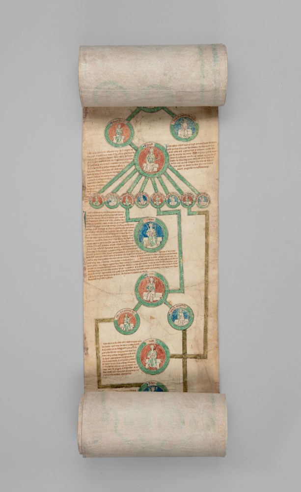 The Chaworth Roll: A genealogy of the kings of England tracing the royal succession from Ebgert to Henry V, with a map of roads of England and a Wheel of Fortune, 1321-27, with additions between 1399 and 1413
England, in Anglo-Norman and French
Ink and pigments on nine joined sheets of lined parchment
252 3/4 x 9 5/8 inches
(641.9 x 24.4 cm)