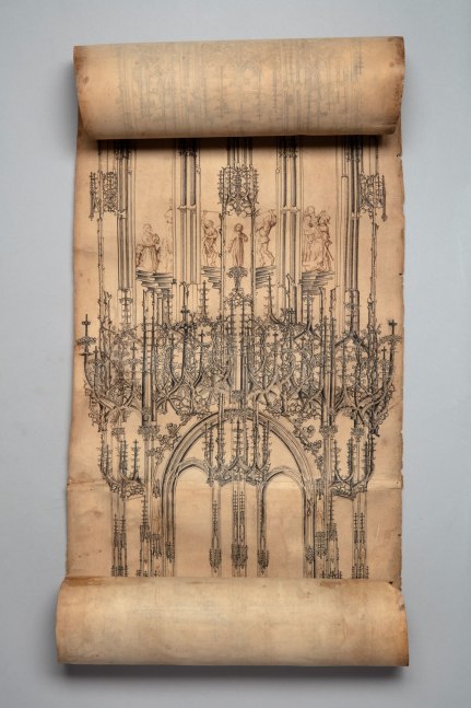 Lorenz Lechler (c.1460&amp;ndash;1538) and workshop
A Monumental Drawing for a Sacrament House,&amp;nbsp;c.1502
Southwestern Germany
127 x 14 3/8 inches
(323 &amp;times; 36.5 cm)
A design for a colossal architectural structure estimated to have been around 70 feet tall, in ink on four joined sheets of parchment, with around some 85 drawings for sculpted figures and scenes